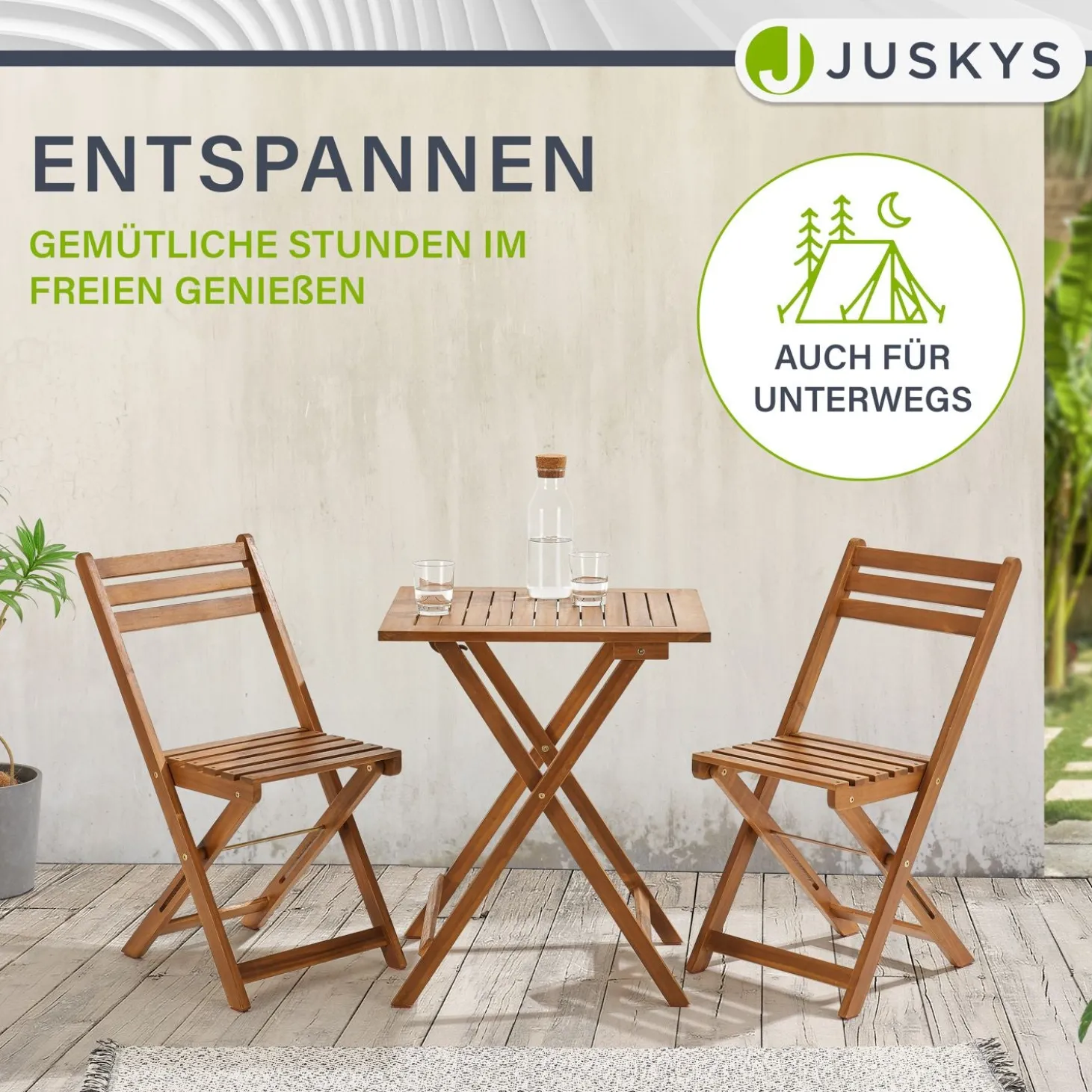 Balkonmöbel Set Bala 3-teilige Sitzgarnitur aus Akazienholz - klappbar & platzsparend
