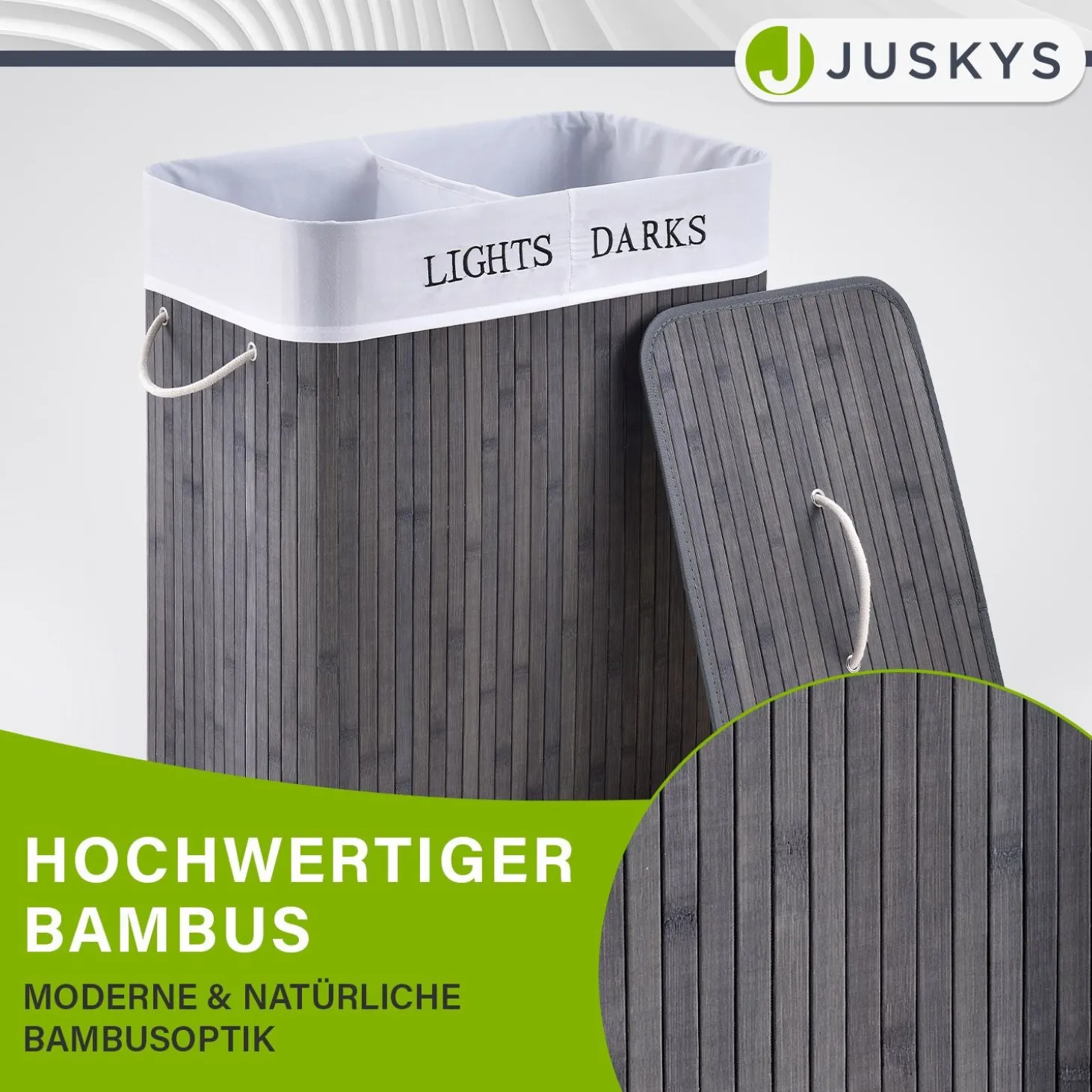 Bambus Wäschekorb Curly Mit Deckel, Tragegriff & Wäschesack aus Stoff