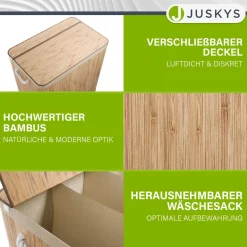 Bambus Wäschekorb Curly Mit Deckel, Tragegriff & Wäschesack aus Stoff