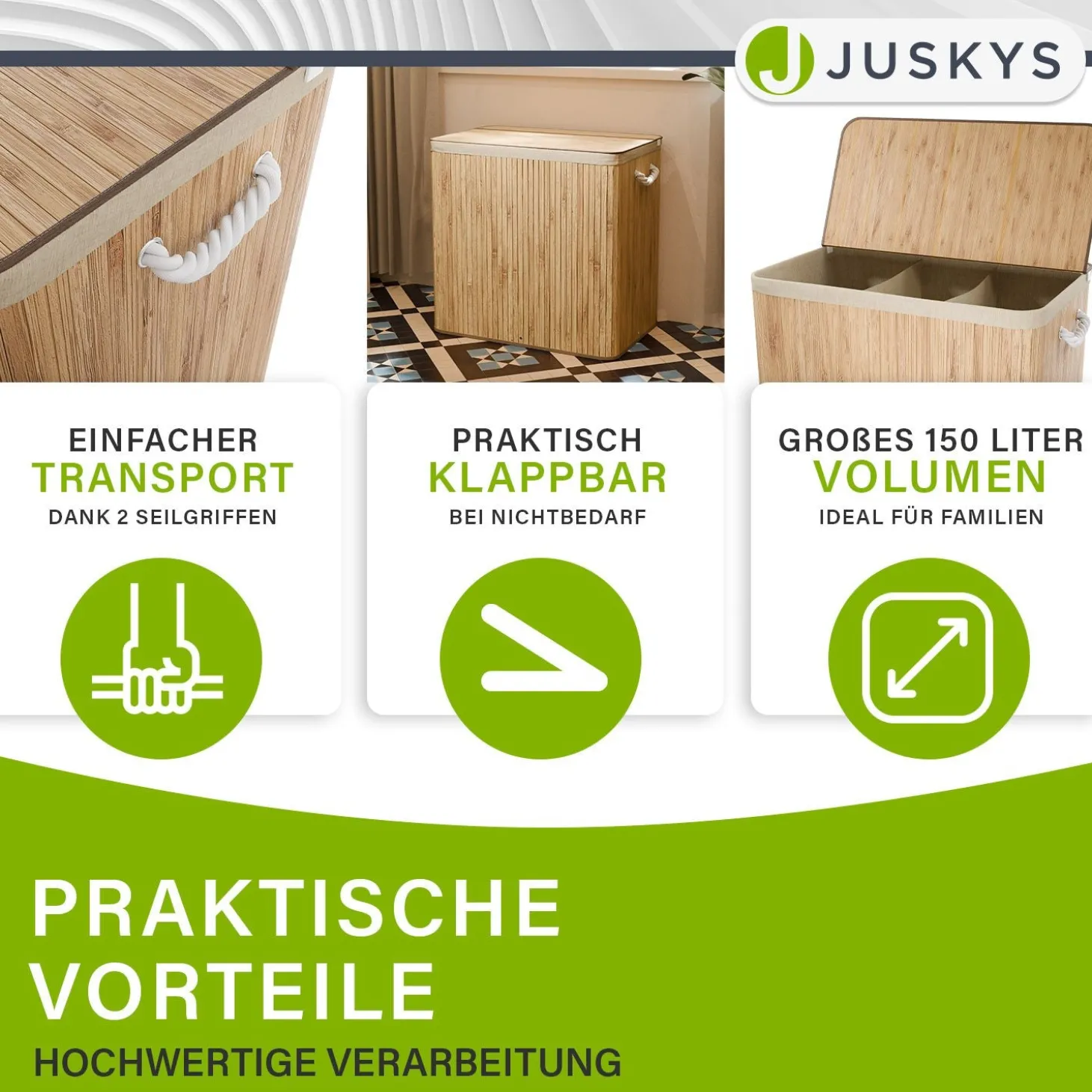 Bambus Wäschekorb Curly Mit Deckel, Tragegriff & Wäschesack aus Stoff