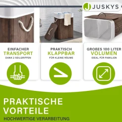 Bambus Wäschekorb Curly Mit Deckel, Tragegriff & Wäschesack aus Stoff