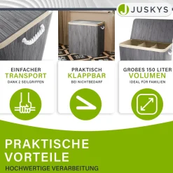 Bambus Wäschekorb Curly Mit Deckel, Tragegriff & Wäschesack aus Stoff