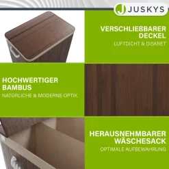 Bambus Wäschekorb Curly Mit Deckel, Tragegriff & Wäschesack aus Stoff