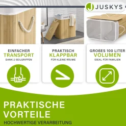 Bambus Wäschekorb Curly Mit Deckel, Tragegriff & Wäschesack aus Stoff