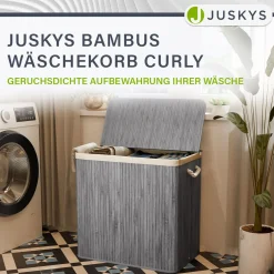 Bambus Wäschekorb Curly Mit Deckel, Tragegriff & Wäschesack aus Stoff