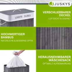 Bambus Wäschekorb Curly Mit Deckel, Tragegriff & Wäschesack aus Stoff