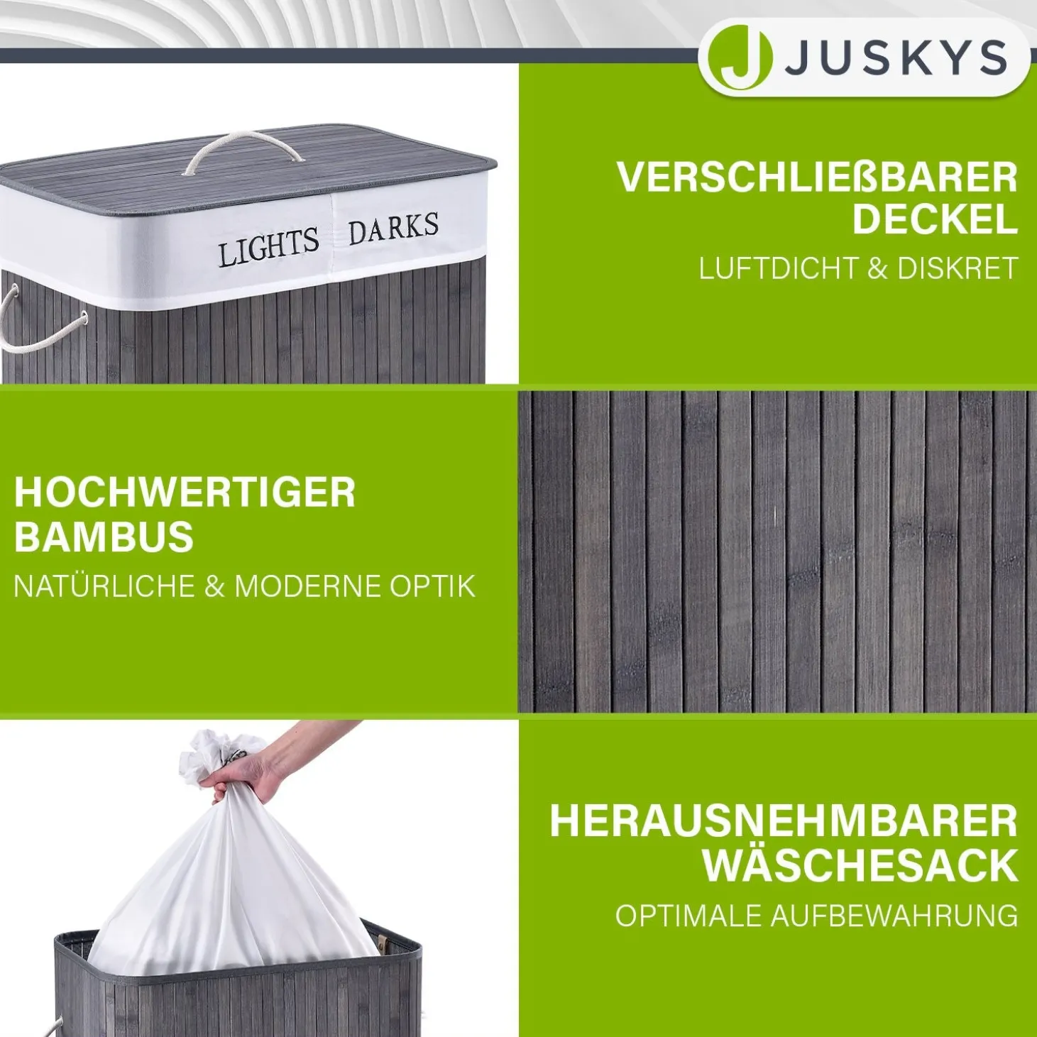 Bambus Wäschekorb Curly Mit Deckel, Tragegriff & Wäschesack aus Stoff