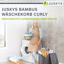 Bambus Wäschekorb Curly Mit Deckel, Tragegriff & Wäschesack aus Stoff