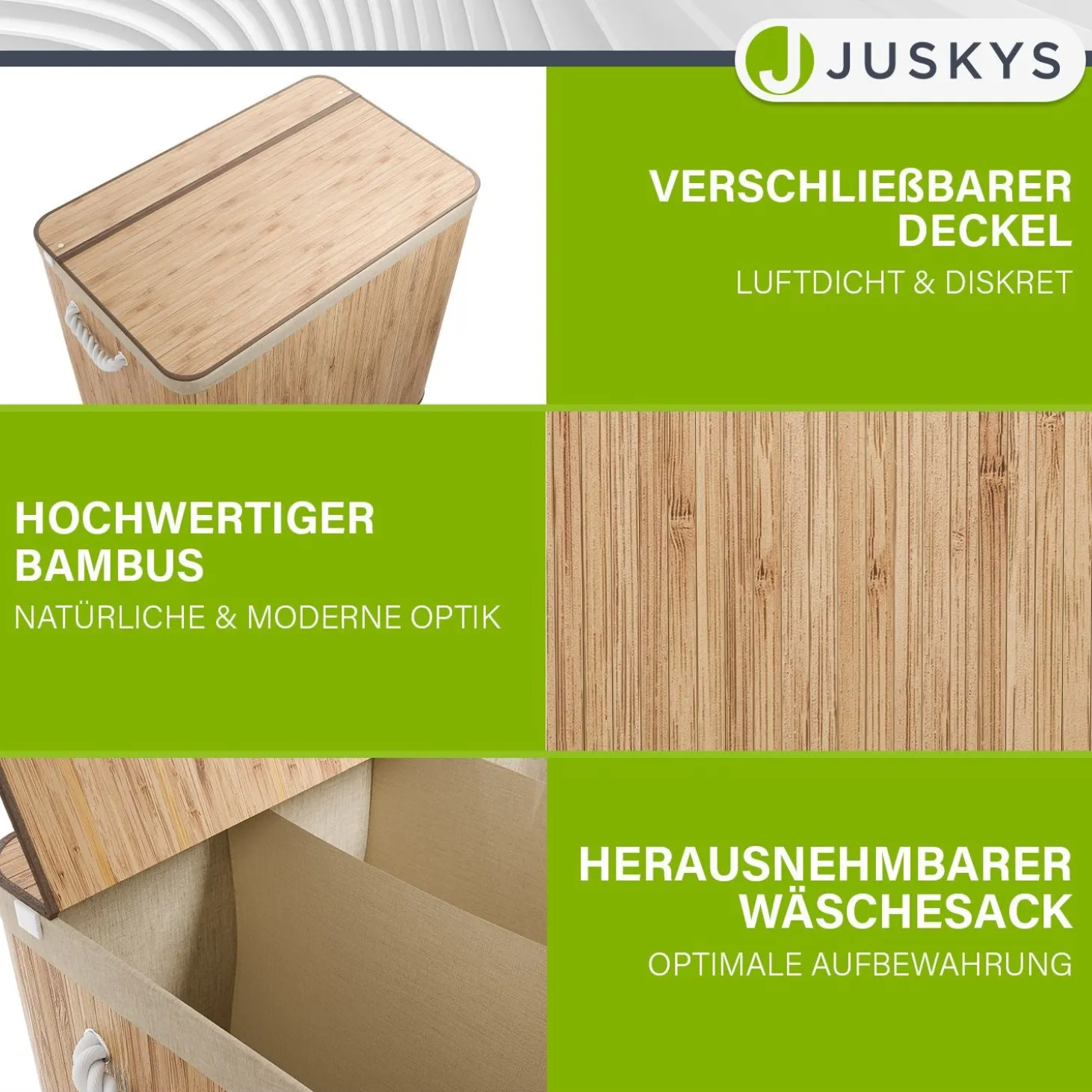 Bambus Wäschekorb Curly Mit Deckel, Tragegriff & Wäschesack aus Stoff