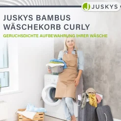 Bambus Wäschekorb Curly Mit Deckel, Tragegriff & Wäschesack aus Stoff