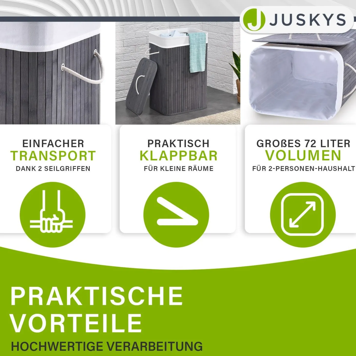 Bambus Wäschekorb Curly Mit Deckel, Tragegriff & Wäschesack aus Stoff