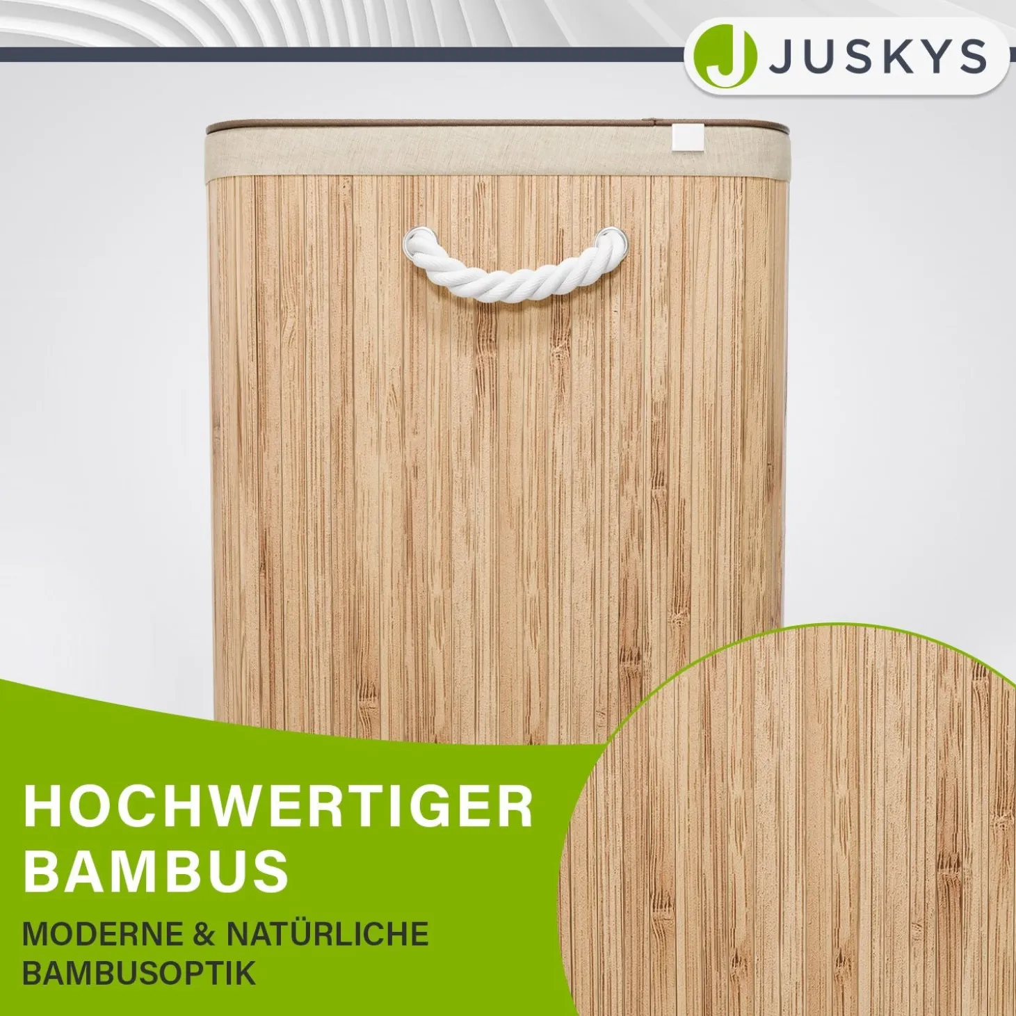 Bambus Wäschekorb Curly Mit Deckel, Tragegriff & Wäschesack aus Stoff