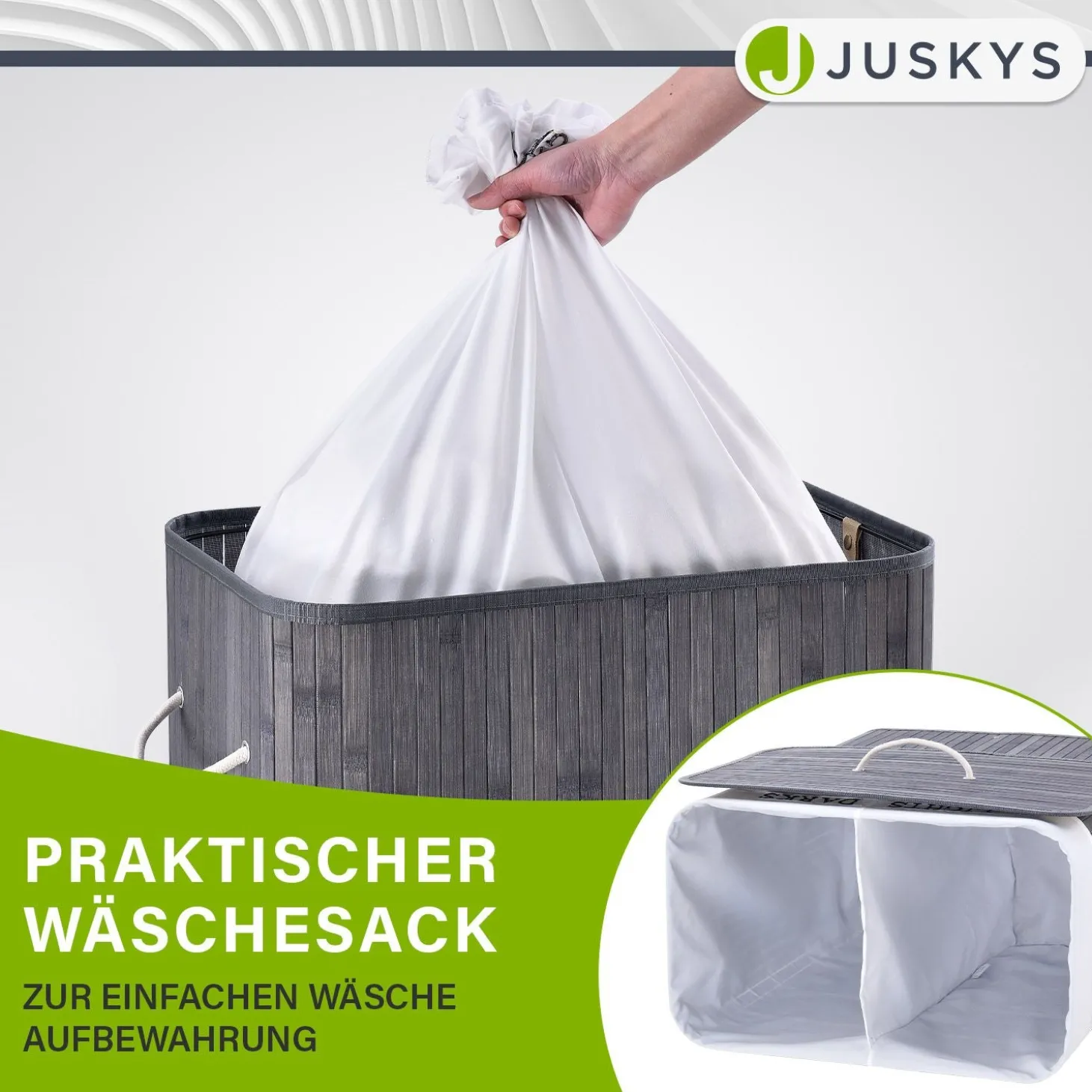 Bambus Wäschekorb Curly Mit Deckel, Tragegriff & Wäschesack aus Stoff