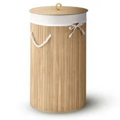 Bambus Wäschekorb Curly-Round 55 L Wäschekorb mit Deckel, Tragegriff & Stoff-Wäschesack