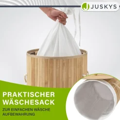 Bambus Wäschekorb Curly-Round 55 L Wäschekorb mit Deckel, Tragegriff & Stoff-Wäschesack