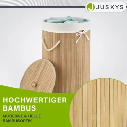 Bambus Wäschekorb Curly-Round 55 L Wäschekorb mit Deckel, Tragegriff & Stoff-Wäschesack