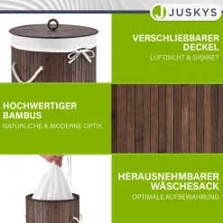 Bambus Wäschekorb Curly-Round 55 L Wäschekorb mit Deckel, Tragegriff & Stoff-Wäschesack