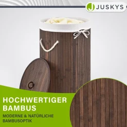 Bambus Wäschekorb Curly-Round 55 L Wäschekorb mit Deckel, Tragegriff & Stoff-Wäschesack