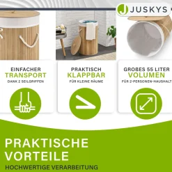 Bambus Wäschekorb Curly-Round 55 L Wäschekorb mit Deckel, Tragegriff & Stoff-Wäschesack