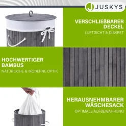Bambus Wäschekorb Curly-Round 55 L Wäschekorb mit Deckel, Tragegriff & Stoff-Wäschesack