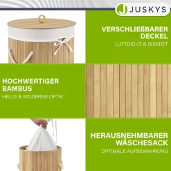 Bambus Wäschekorb Curly-Round 55 L Wäschekorb mit Deckel, Tragegriff & Stoff-Wäschesack