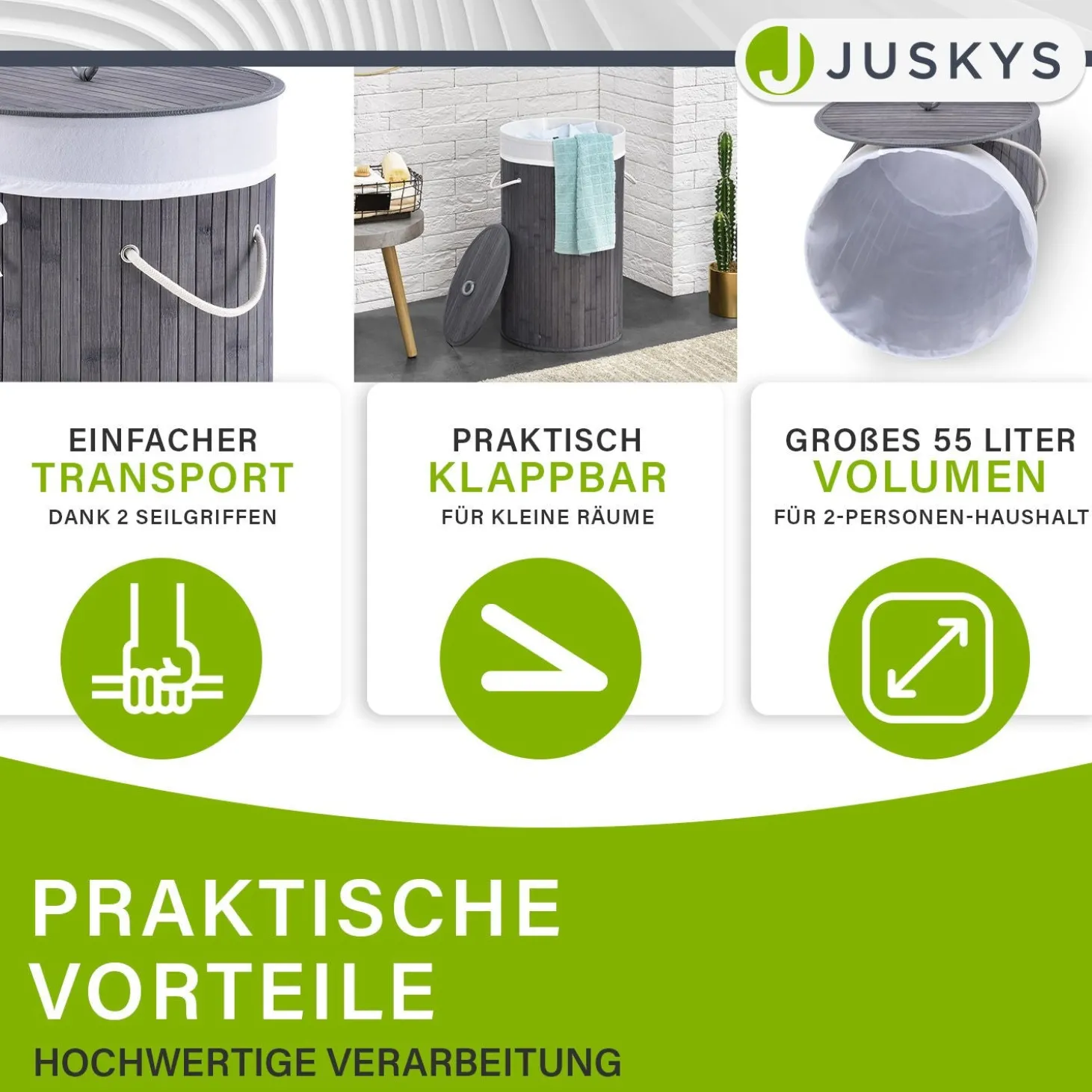 Bambus Wäschekorb Curly-Round 55 L Wäschekorb mit Deckel, Tragegriff & Stoff-Wäschesack