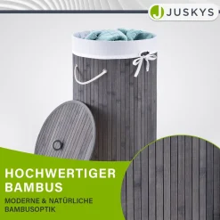 Bambus Wäschekorb Curly-Round 55 L Wäschekorb mit Deckel, Tragegriff & Stoff-Wäschesack