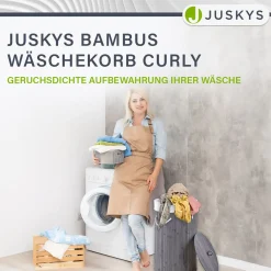 Bambus Wäschekorb Curly-Round 55 L Wäschekorb mit Deckel, Tragegriff & Stoff-Wäschesack