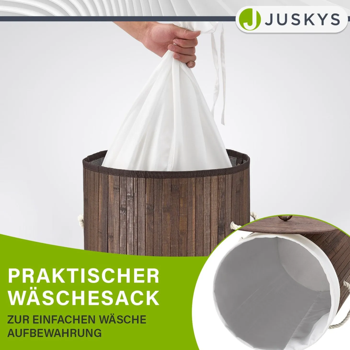 Bambus Wäschekorb Curly-Round 55 L Wäschekorb mit Deckel, Tragegriff & Stoff-Wäschesack