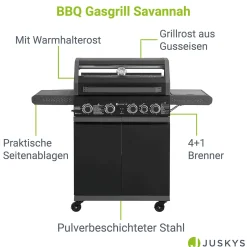 BBQ Gasgrill Savannah Grillwagen mit 4 Brennern und 1 Seitenbrenner
