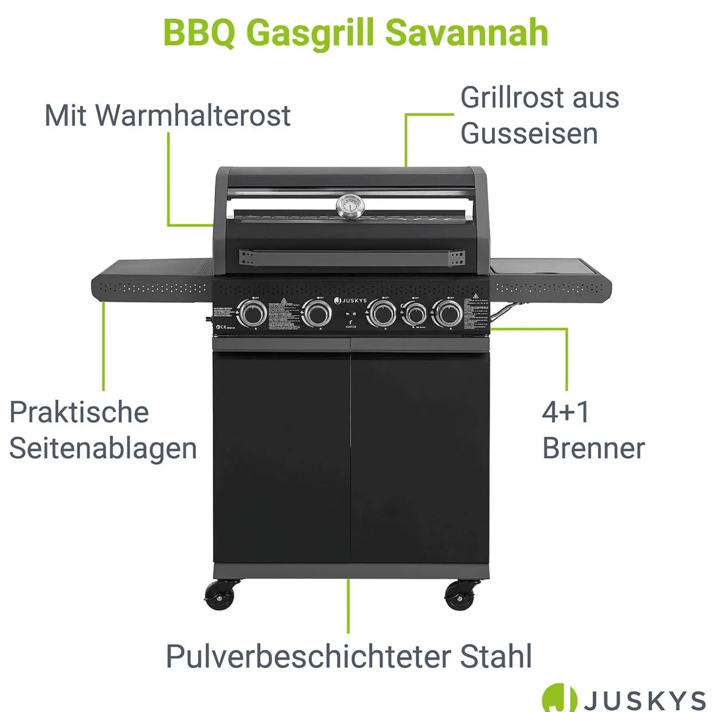 BBQ Gasgrill Savannah Grillwagen mit 4 Brennern und 1 Seitenbrenner