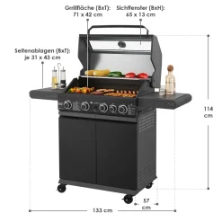 BBQ Gasgrill Savannah Grillwagen mit 4 Brennern und 1 Seitenbrenner