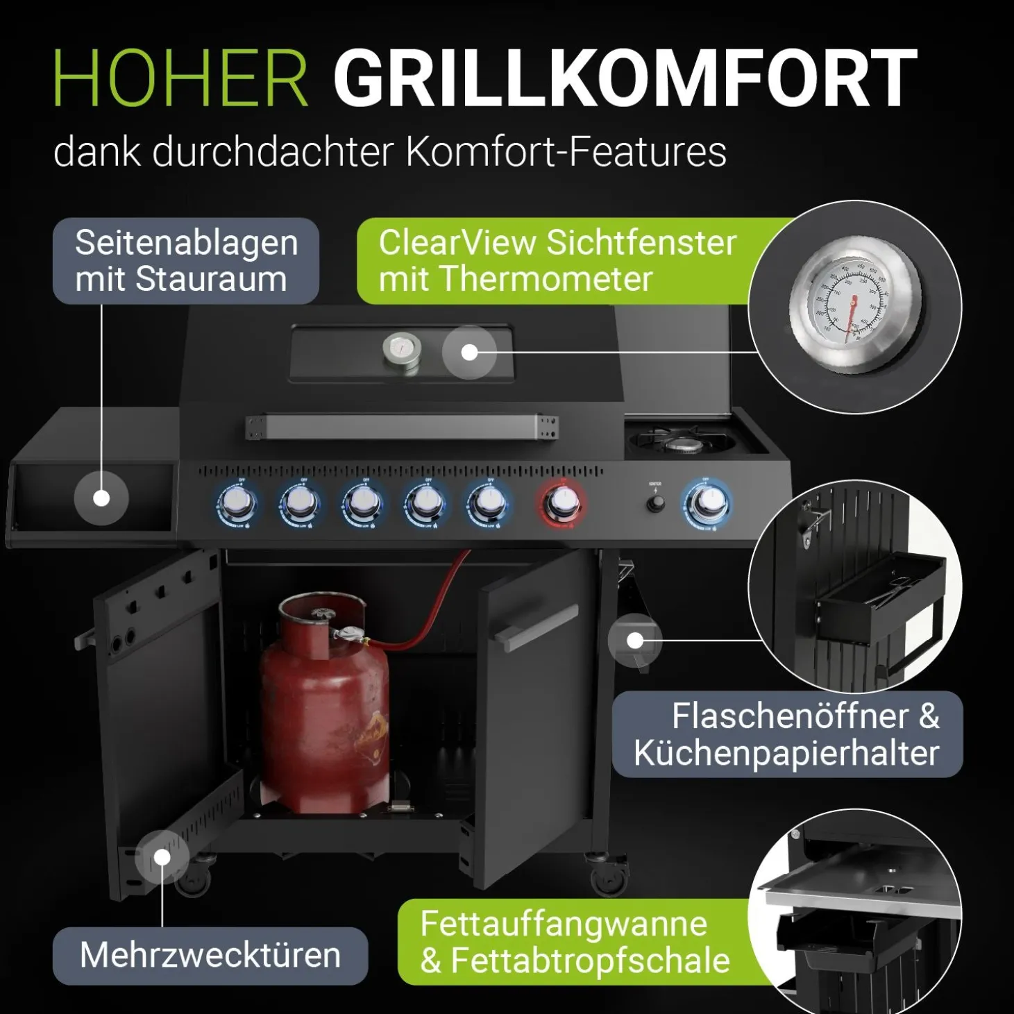 BBQ Gasgrill Tennessee Gasgrill mit 6 Brennern & Seitenbrenner