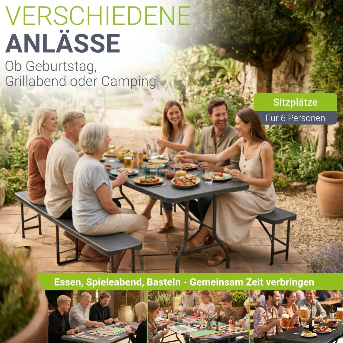 Bierzeltgarnitur Amberg 180 cm Biertischgarnitur klappbar 3-teilig in Rattan-Optik