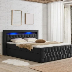 Boxspringbett Leona - Samt Bettgestell mit Federkernmatratze, Topper und LED-Beleuchtung