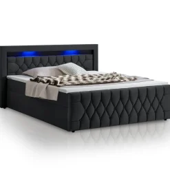 Boxspringbett Leona - Samt Bettgestell mit Federkernmatratze, Topper und LED-Beleuchtung
