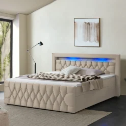 Boxspringbett Leona - Samt Bettgestell mit Federkernmatratze, Topper und LED-Beleuchtung