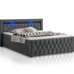 Boxspringbett Leona - Samt Bettgestell mit Federkernmatratze, Topper und LED-Beleuchtung
