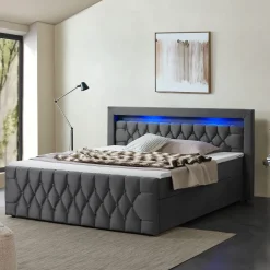 Boxspringbett Leona - Samt Bettgestell mit Federkernmatratze, Topper und LED-Beleuchtung