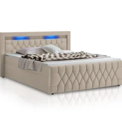 Boxspringbett Leona - Samt Bettgestell mit Federkernmatratze, Topper und LED-Beleuchtung