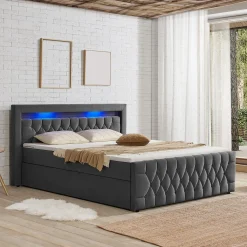 Boxspringbett Leona - Samt Bettgestell mit Federkernmatratze, Topper und LED-Beleuchtung