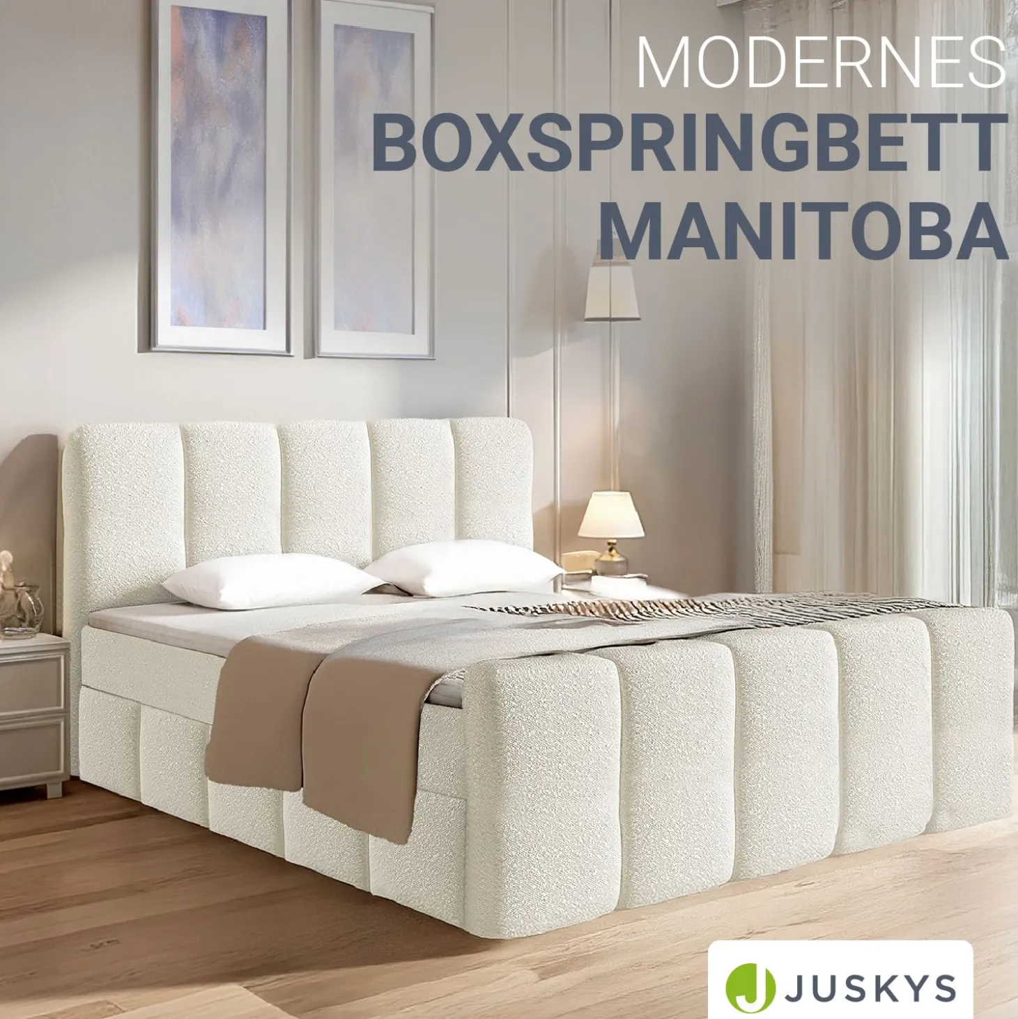 Boxspringbett Manitoba - Bouclé-Stoff Komfortables Boxspringbett 180 x 200 cm mit oder ohne Bettkasten