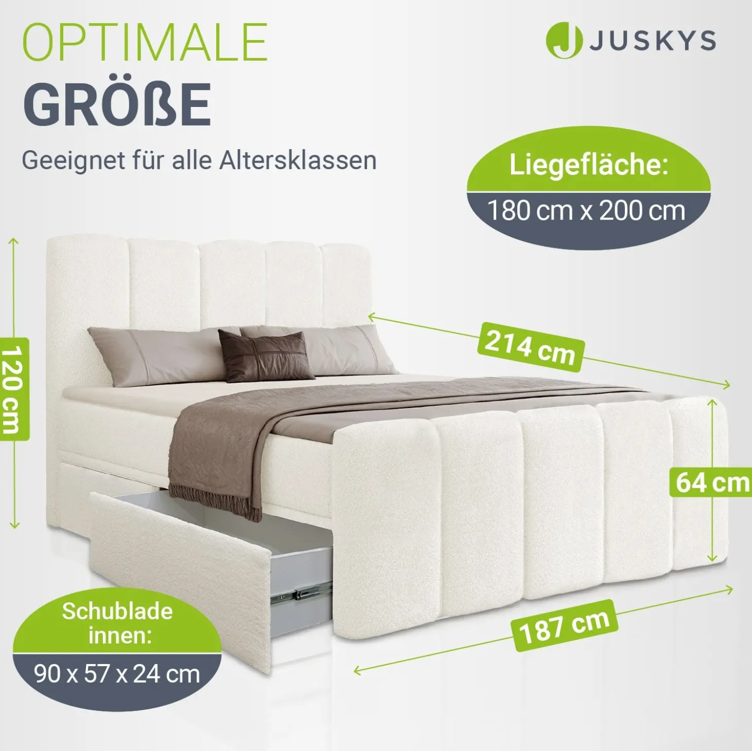 Boxspringbett Manitoba - Bouclé-Stoff Komfortables Boxspringbett 180 x 200 cm mit oder ohne Bettkasten