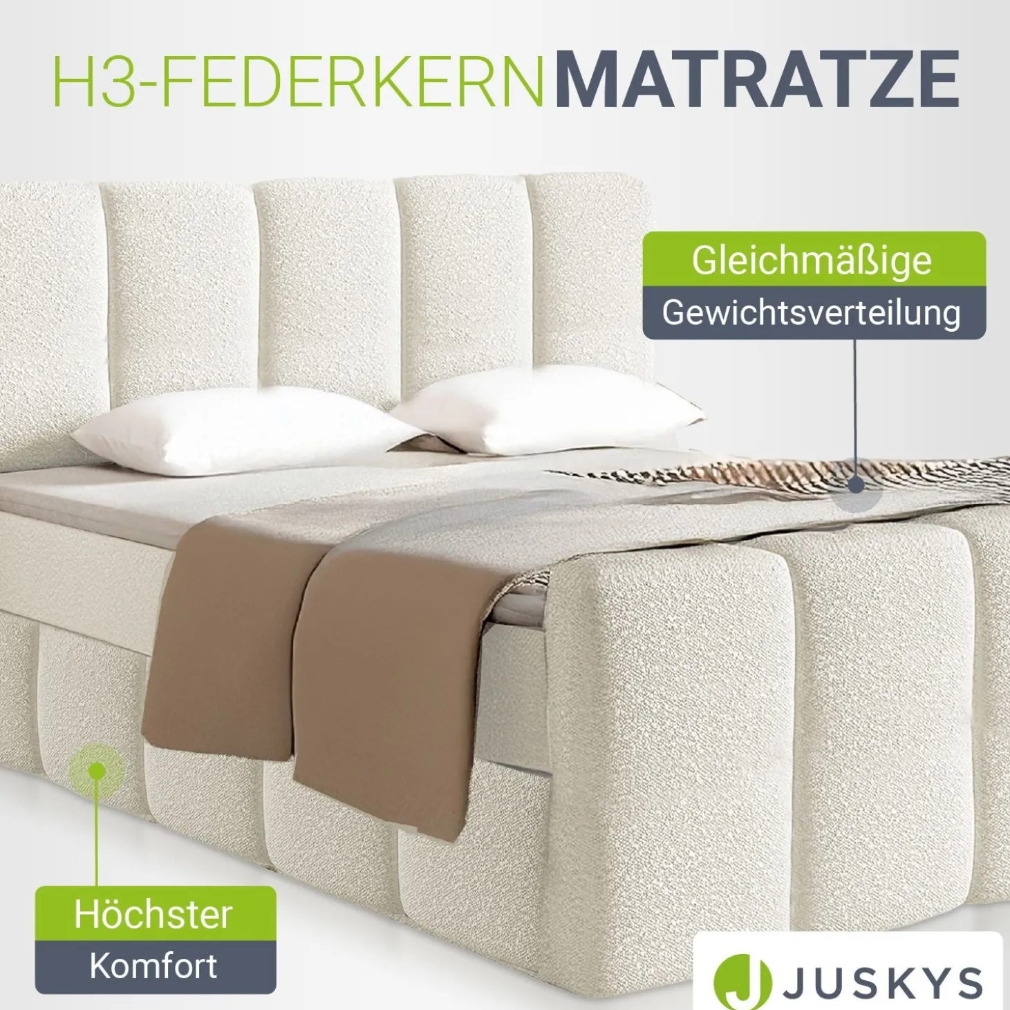 Boxspringbett Manitoba - Bouclé-Stoff Komfortables Boxspringbett 180 x 200 cm mit oder ohne Bettkasten