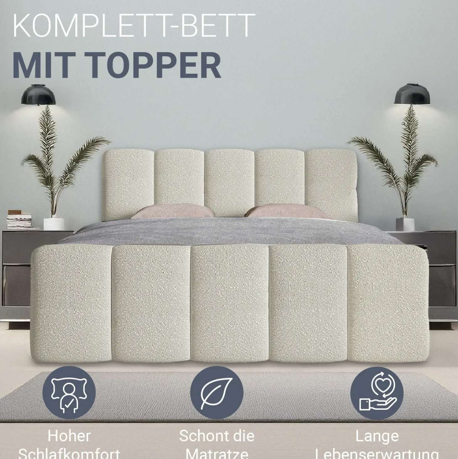 Boxspringbett Manitoba - Bouclé-Stoff Komfortables Boxspringbett 180 x 200 cm mit oder ohne Bettkasten