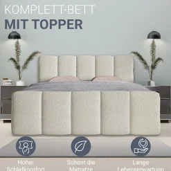 Boxspringbett Manitoba - Bouclé-Stoff Komfortables Boxspringbett 180 x 200 cm mit oder ohne Bettkasten