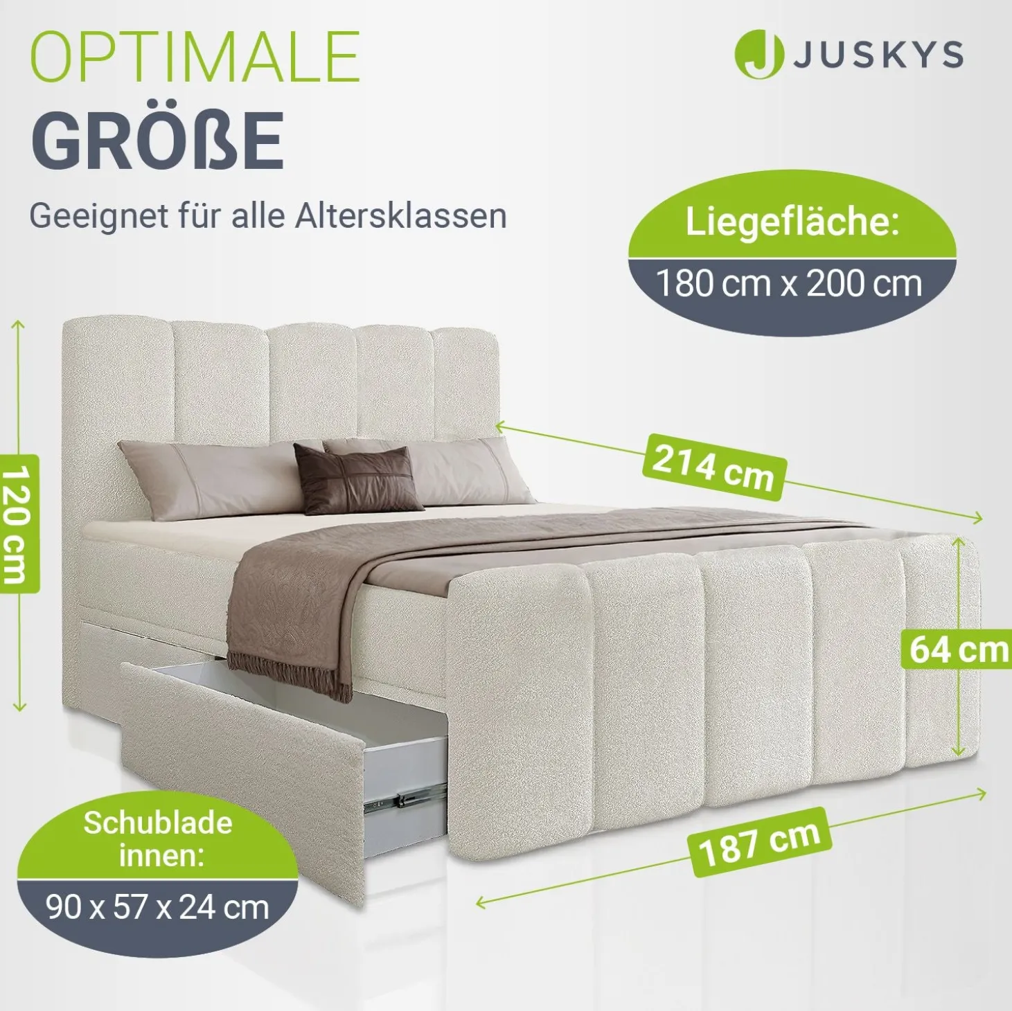 Boxspringbett Manitoba - Bouclé-Stoff Komfortables Boxspringbett 180 x 200 cm mit oder ohne Bettkasten
