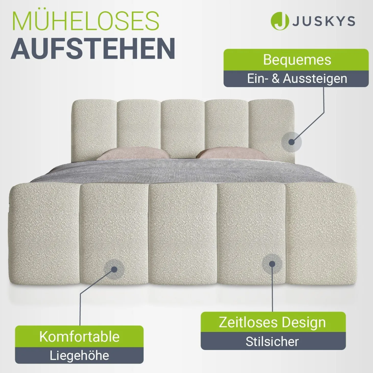 Boxspringbett Manitoba - Bouclé-Stoff Komfortables Boxspringbett 180 x 200 cm mit oder ohne Bettkasten