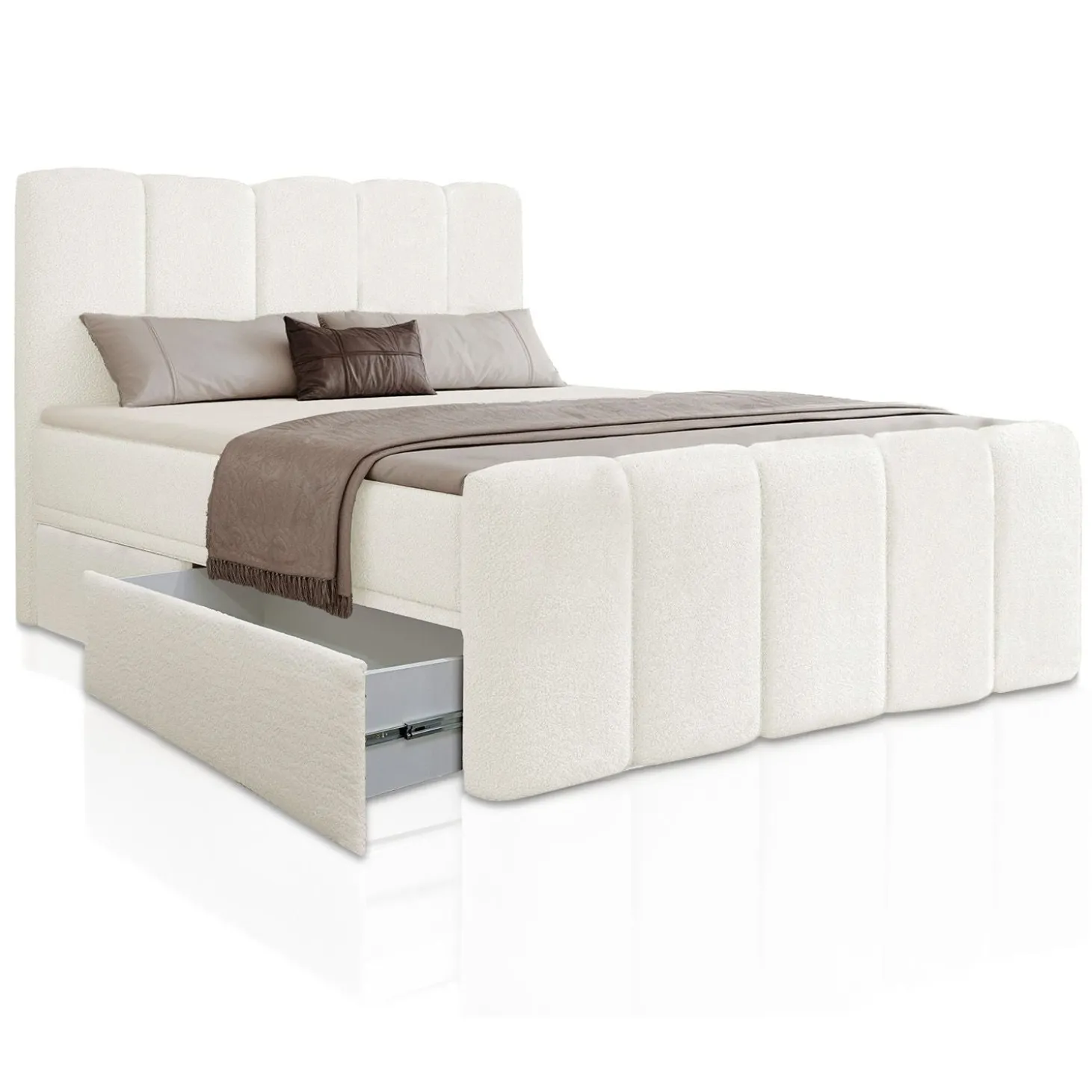 Boxspringbett Manitoba - Bouclé-Stoff Komfortables Boxspringbett 180 x 200 cm mit oder ohne Bettkasten
