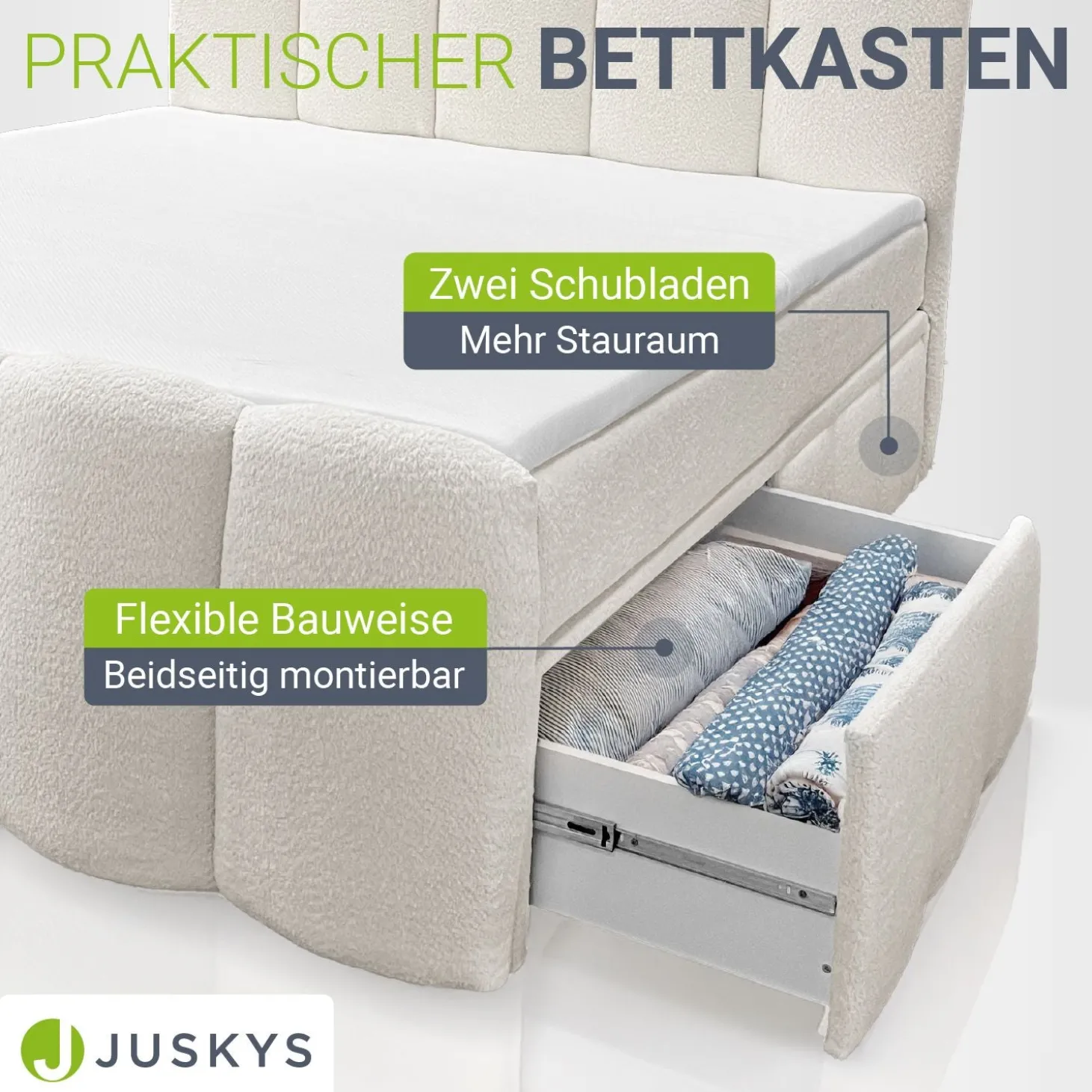 Boxspringbett Manitoba - Bouclé-Stoff Komfortables Boxspringbett 180 x 200 cm mit oder ohne Bettkasten